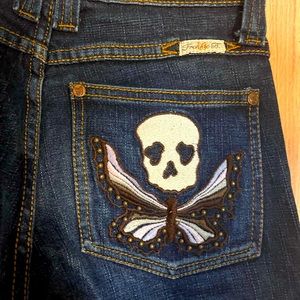 FRANKIE B Y2k Butterfly Skull Embroidery Pocket Denim Jeans size 26 Brand New